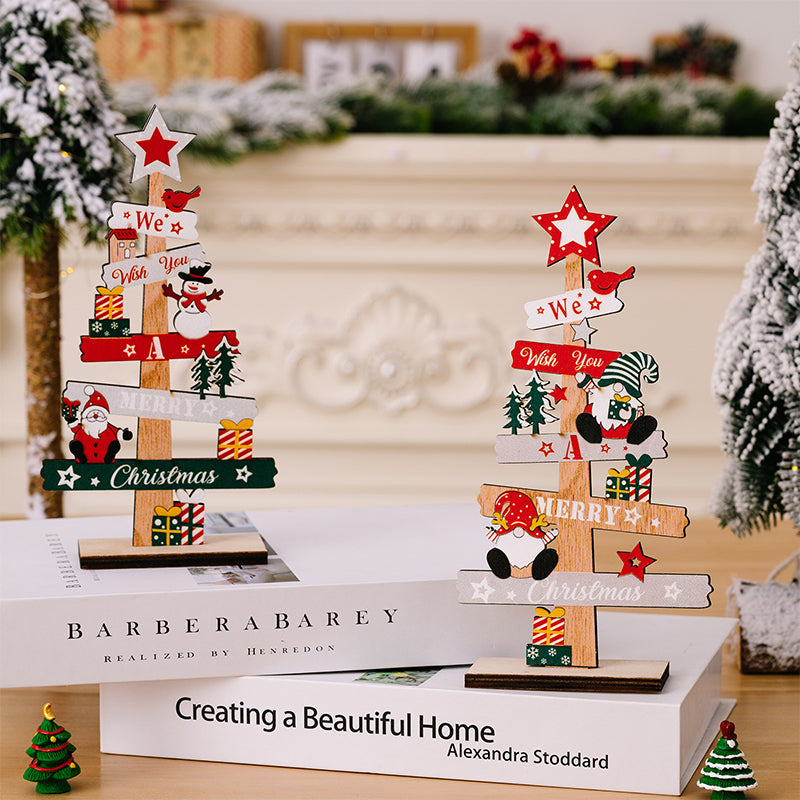 Wooden Christmas Table Sign with Snowman and Santa