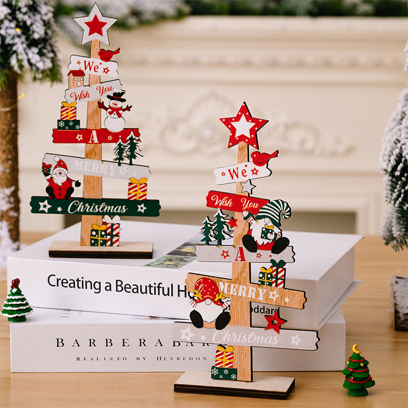 Wooden Christmas Table Sign with Snowman and Santa