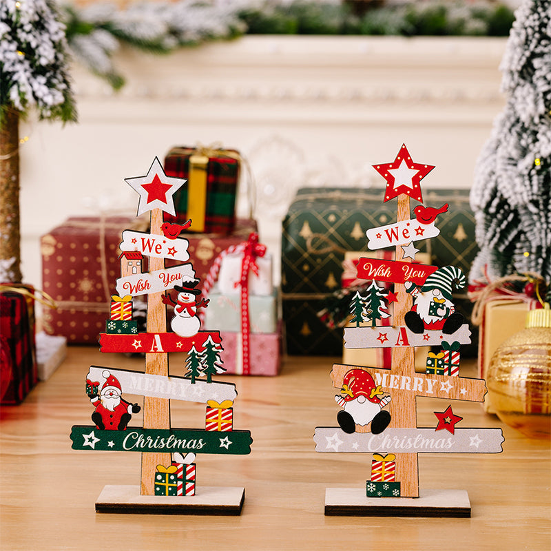 Wooden Christmas Table Sign with Snowman and Santa