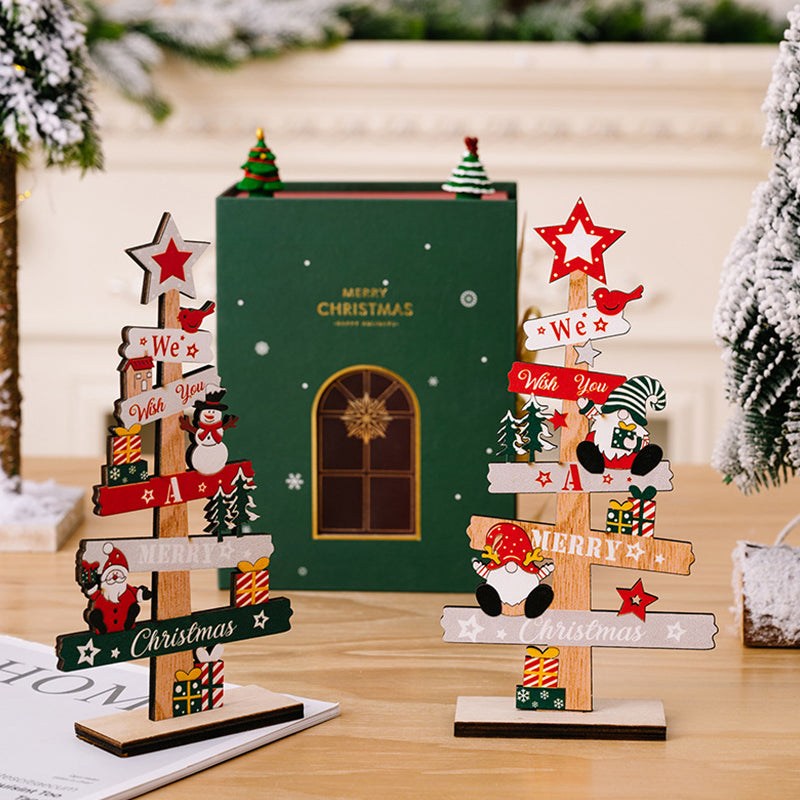 Wooden Christmas Table Sign with Snowman and Santa