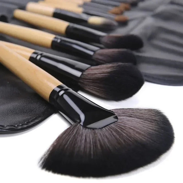 Makeup brush set in roll-up pouch