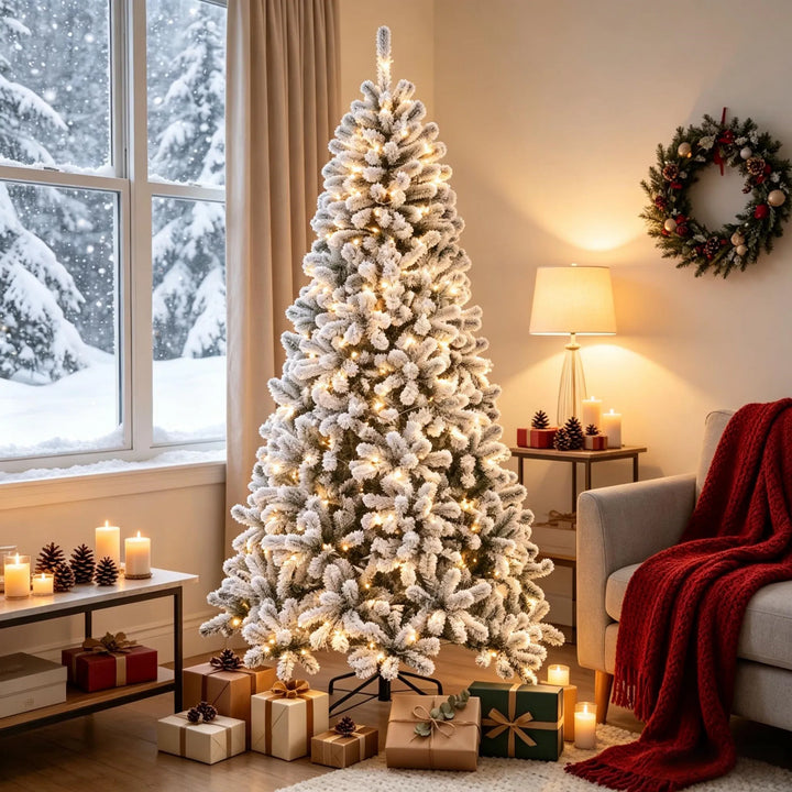 Flocked Northern pine with warm lights