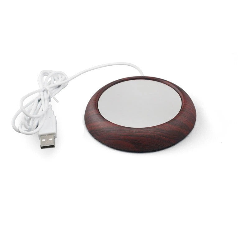 Wood-look USB coaster warming a coffee mug
