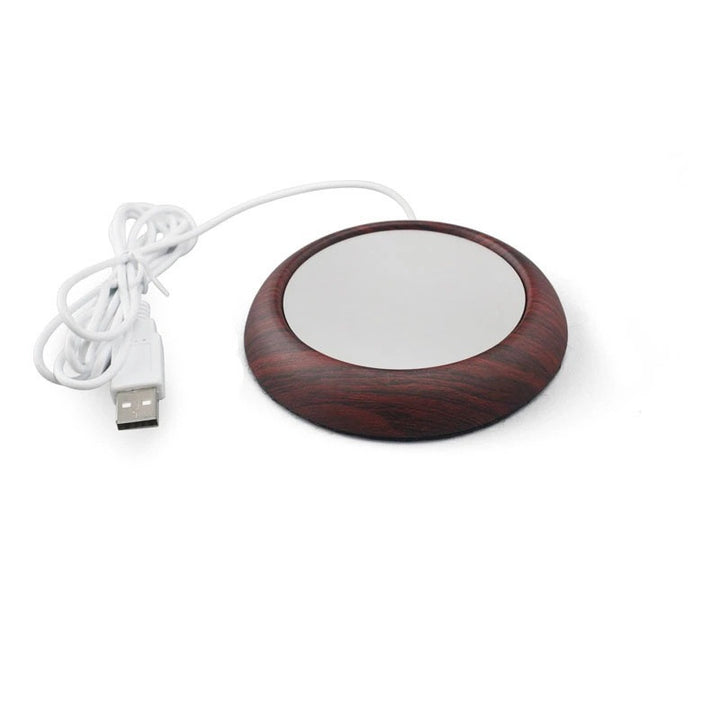 Wood-look USB coaster warming a coffee mug
