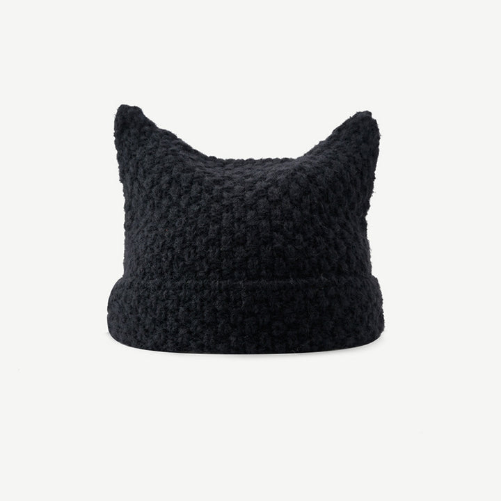 Striped cat ear beanie with pompom ties