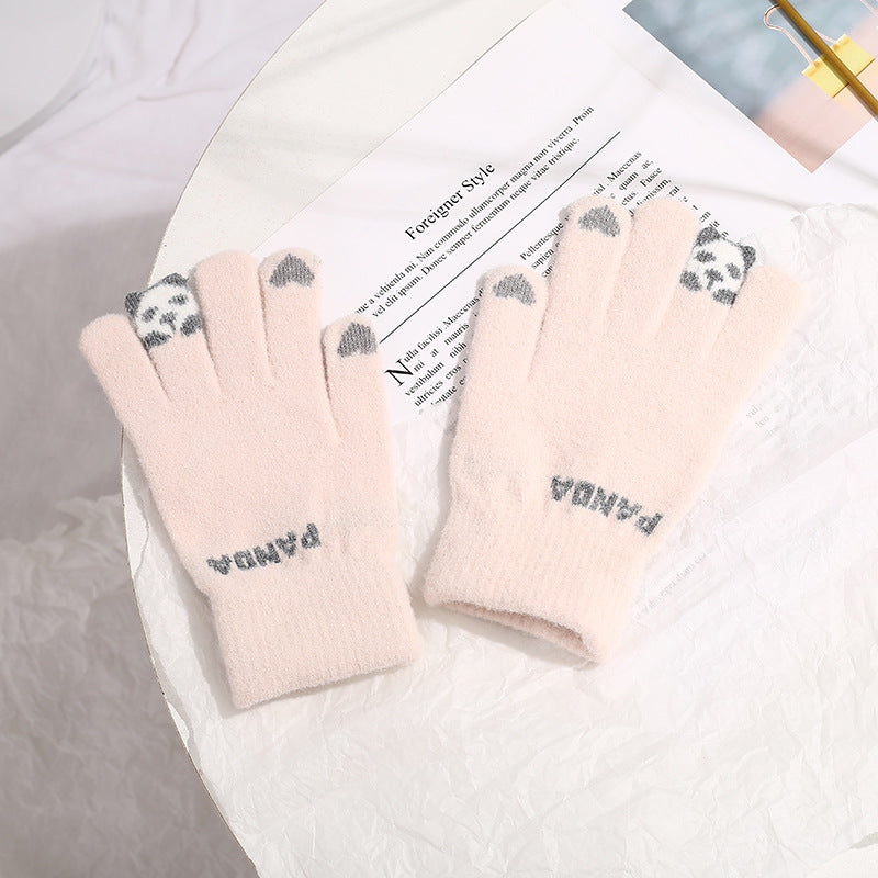 Grey knitted gloves with 3D panda