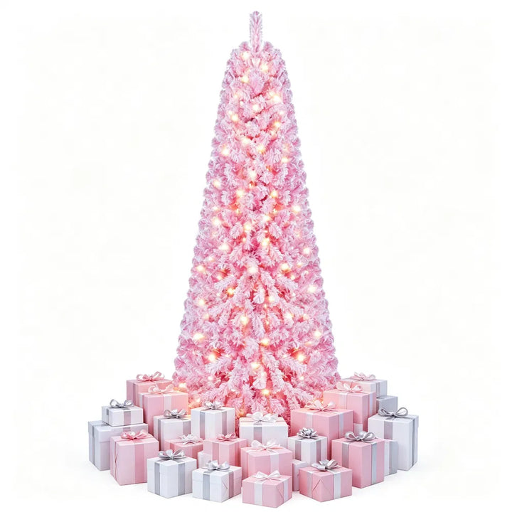 Full pink flocked tree with warm lights