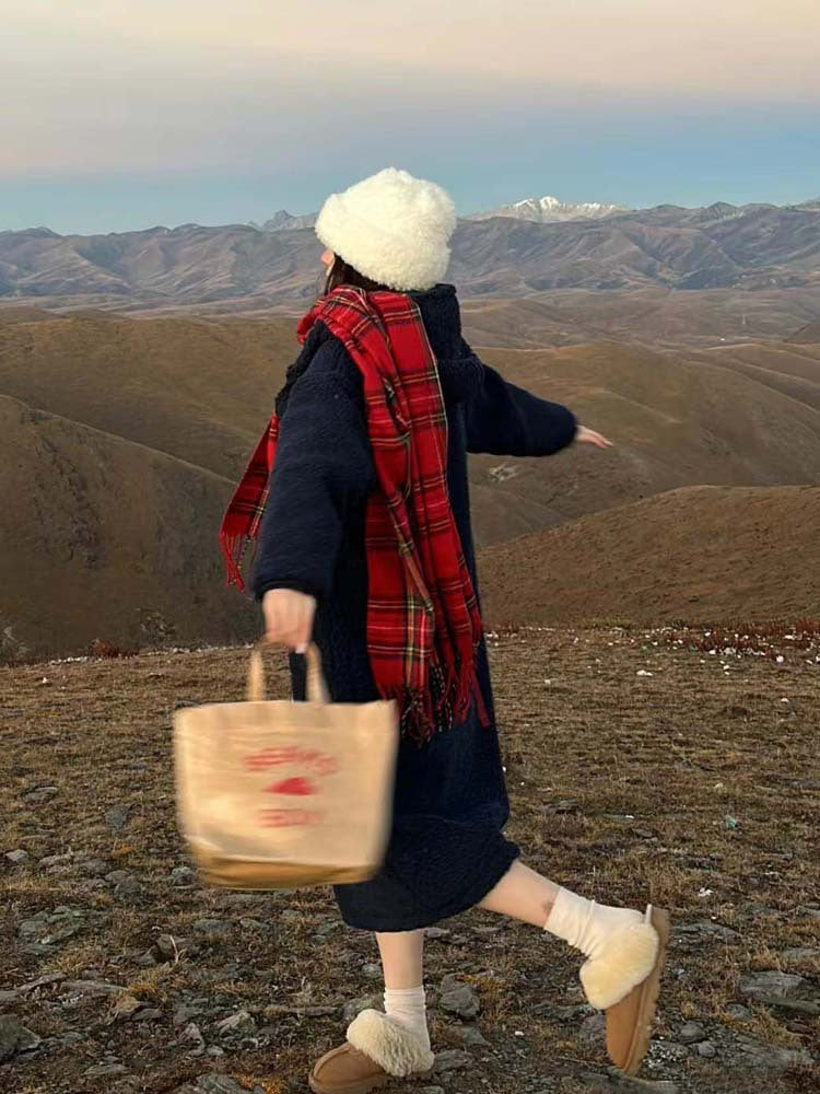 Red tartan check scarf with tassels