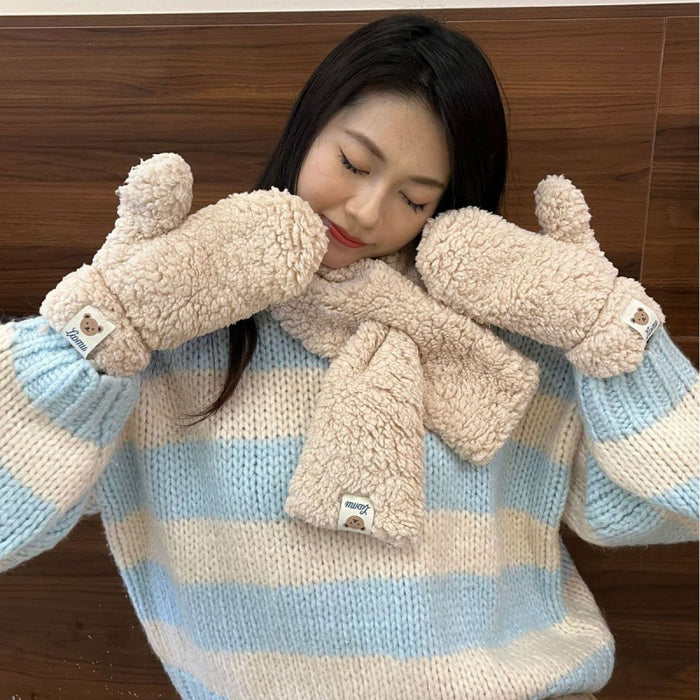 Harwelton Teddy Mittens and Cross-Over Scarf Set with Bear Patch