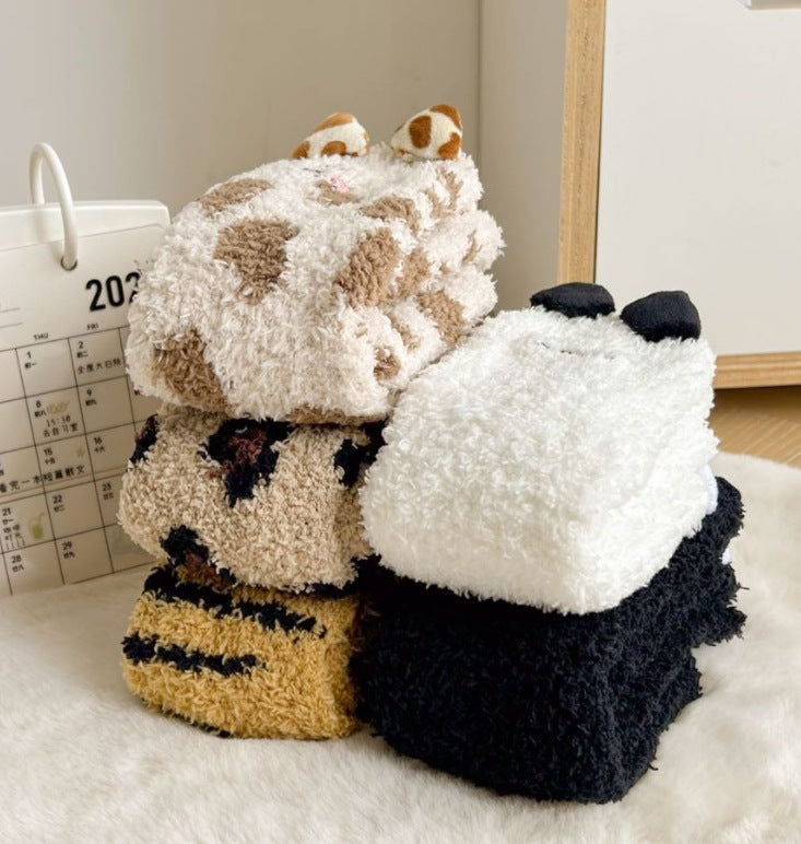 Fluffy cat socks with 3D ears and tail