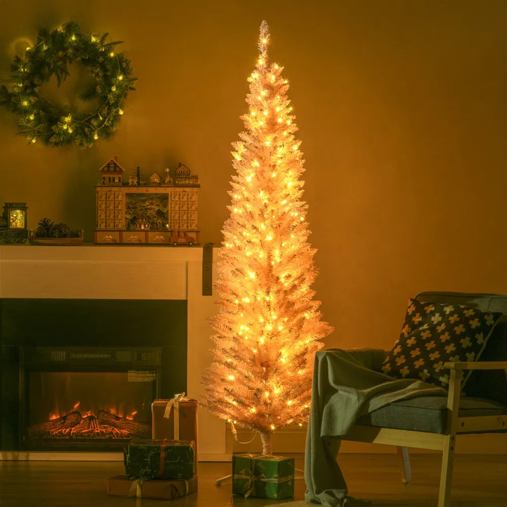 Pink pencil tree with bright warm lights