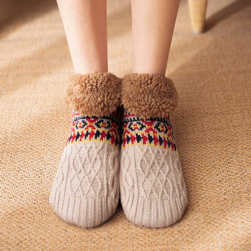 Knitted slipper socks with fleece cuff