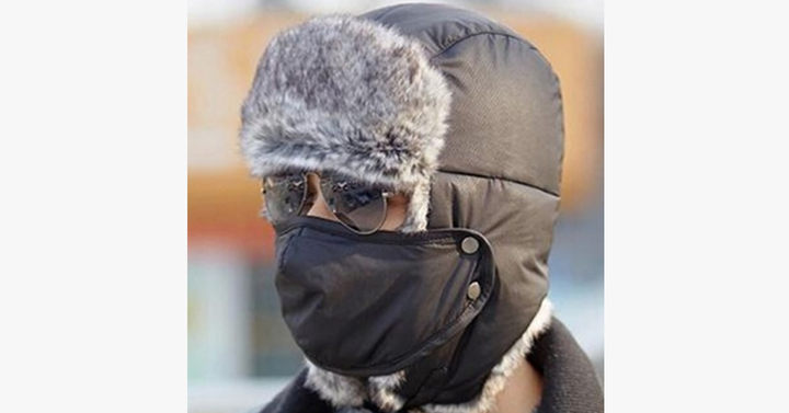 Waterproof Trapper Hat with Faux Fur and Detachable Face Mask