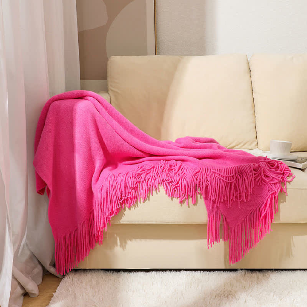 Chunky Knit Throw Blanket with Tassel Edges in Soft Acrylic