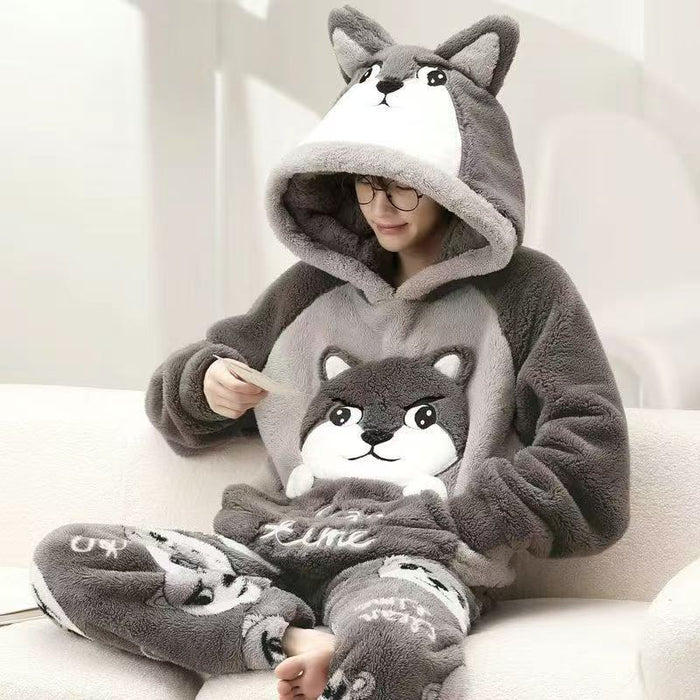 Harwelton Hooded Coral Fleece Pyjama Set with Animal Ears