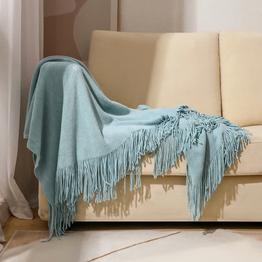 Chunky Knit Throw Blanket with Tassel Edges in Soft Acrylic