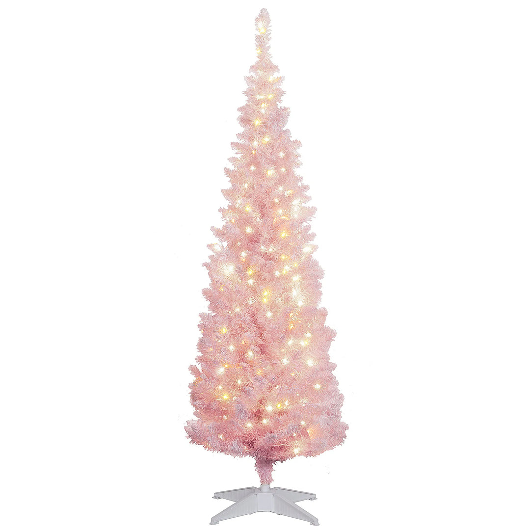 Pink flocked pencil tree with warm lights