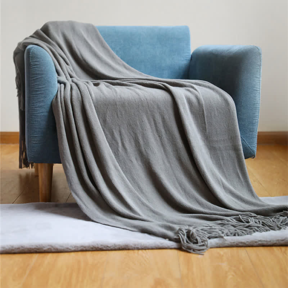 Chunky Knit Throw Blanket with Tassel Edges in Soft Acrylic