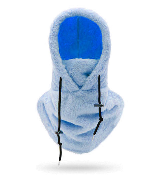 Woman wearing beige plush hood with scarf