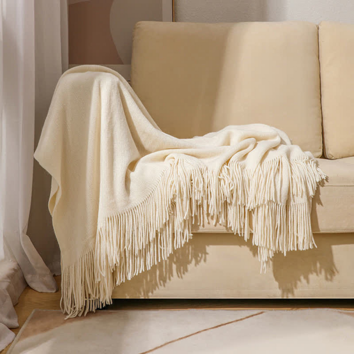 Chunky Knit Throw Blanket with Tassel Edges in Soft Acrylic