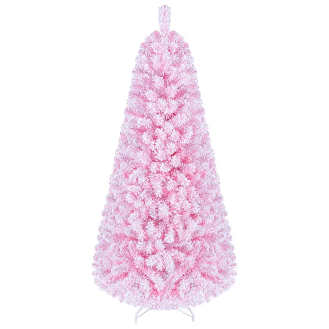 Small pink flocked tree with warm lights