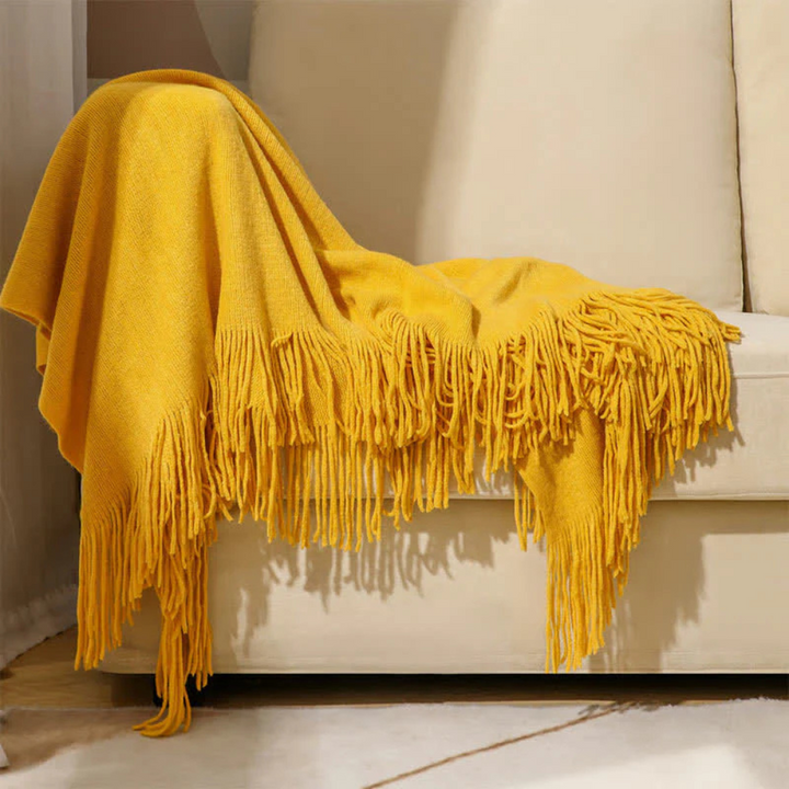Chunky Knit Throw Blanket with Tassel Edges in Soft Acrylic
