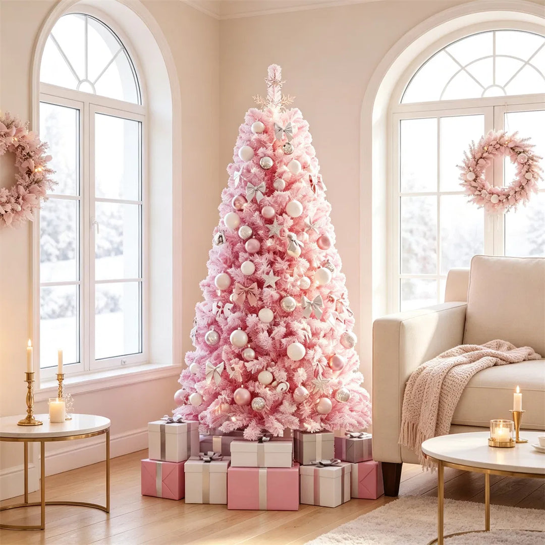 Small pink flocked tree with warm lights