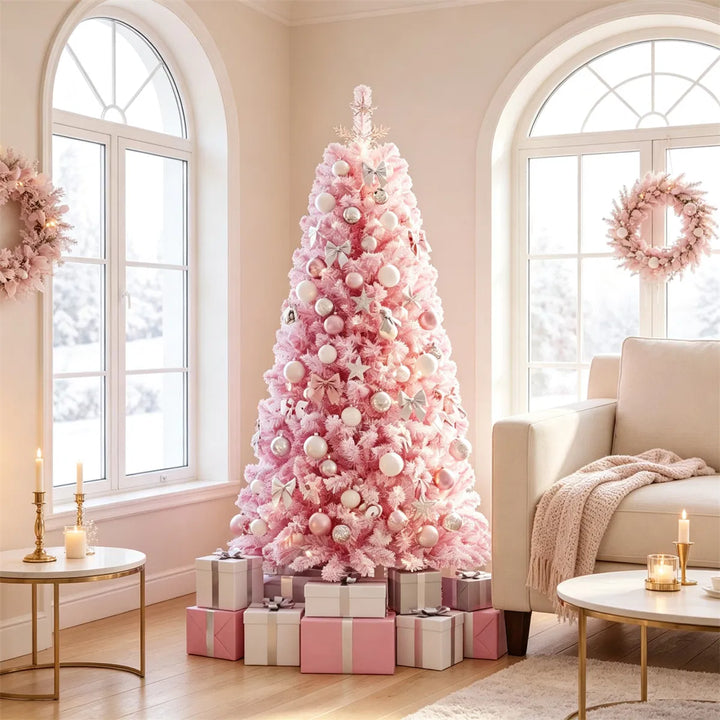 Small pink flocked tree with warm lights