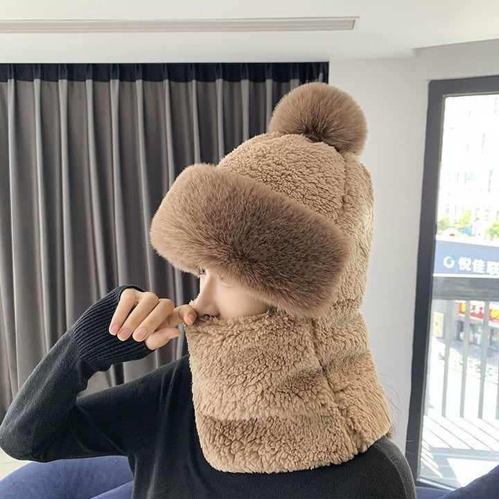 Pink plush hood hat with pompom