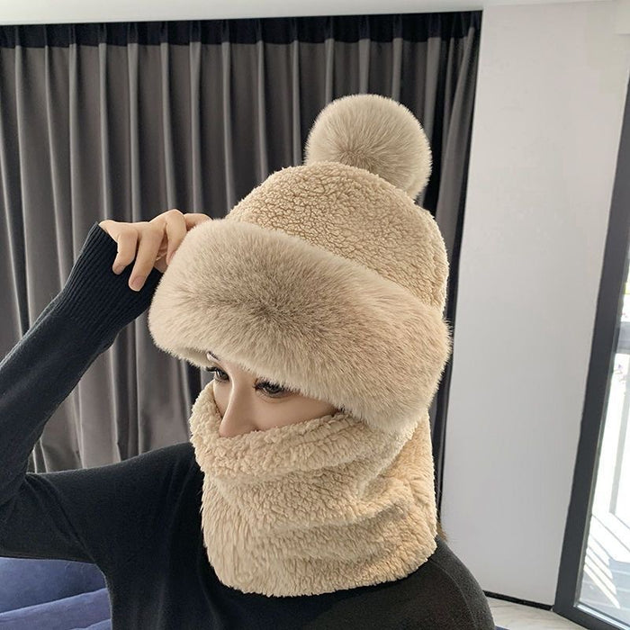 Harwelton Plush Hood Hat with Neck Warmer and Pompom