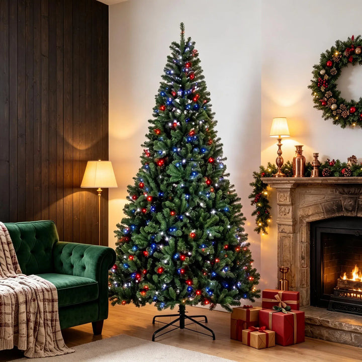 Tall pre-lit fir with colourful lights