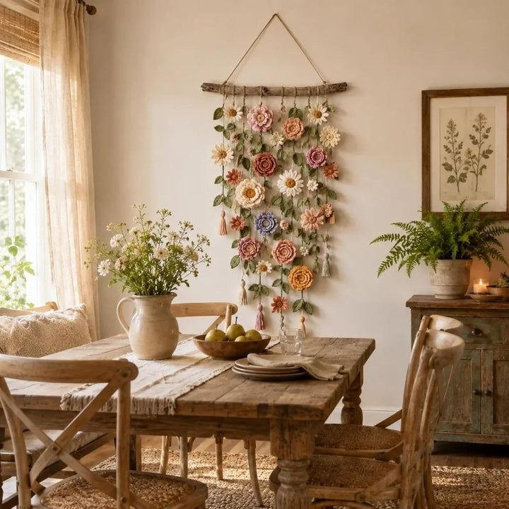 Boho flower wall hanging on wooden branch
