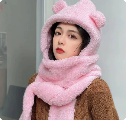 Woman wearing teddy hood scarf with bear ears