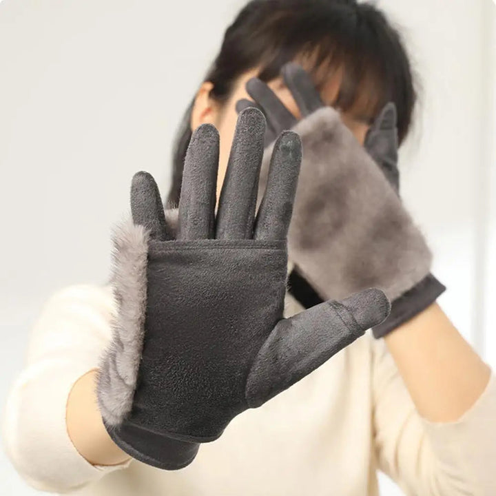 Suede Touchscreen Winter Gloves with Soft Faux Fur Trim