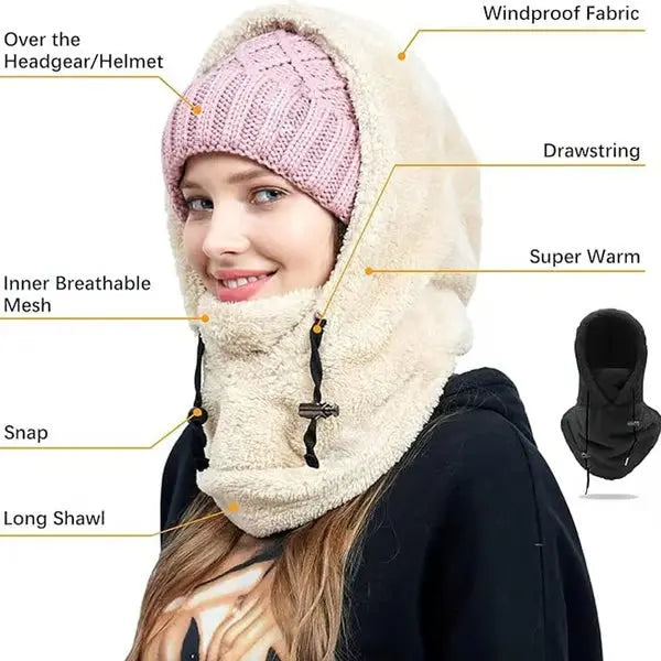 Windproof Sherpa Hooded Balaclava with Adjustable Drawstring
