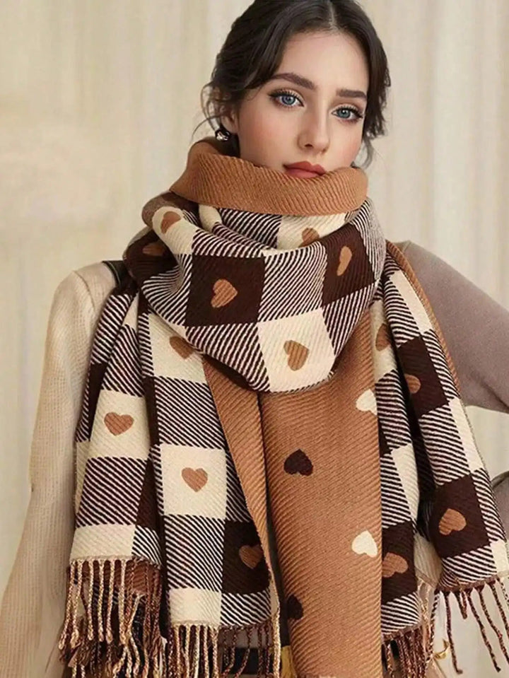Checked Heart Pattern Winter Scarf – Soft Shawl Wrap