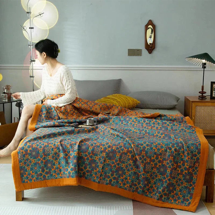 Six-Layer Cotton Blanket with Orange and Blue Pattern