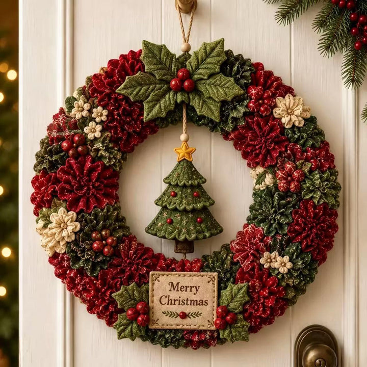 Fabric punch needle Christmas wreath with Santa