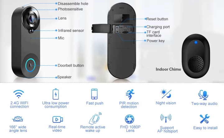 Wireless WiFi Video Doorbell with 1080p HD and Night Vision