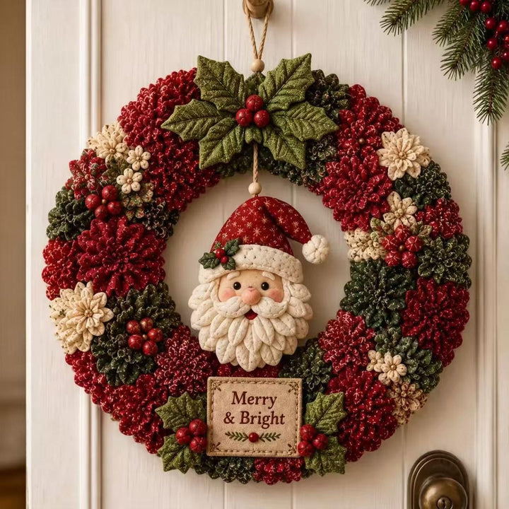 Fabric punch needle Christmas wreath with Santa