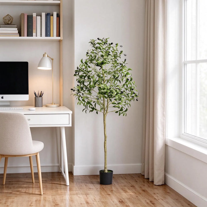 Tall artificial olive tree in black pot