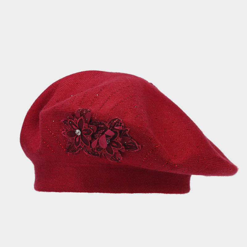 Red knit beret with flower and rhinestones
