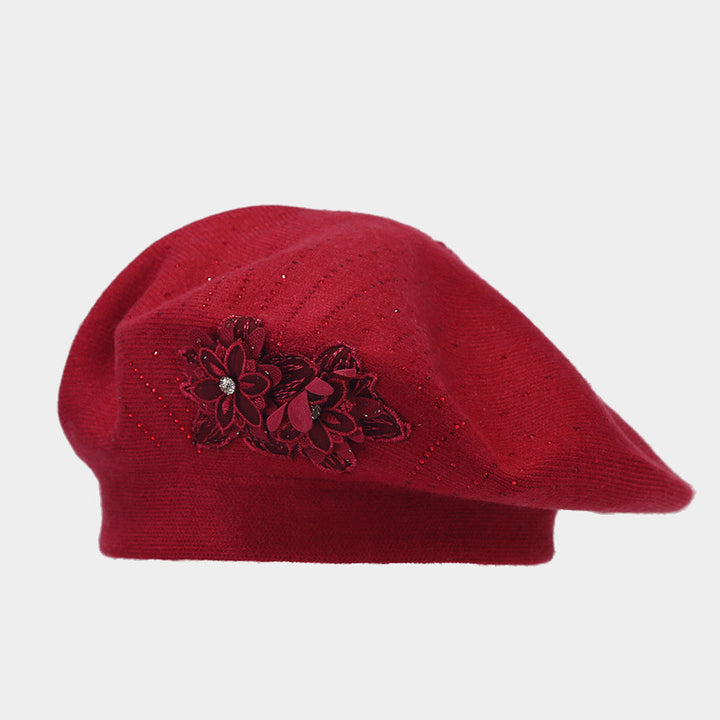 Red knit beret with flower and rhinestones