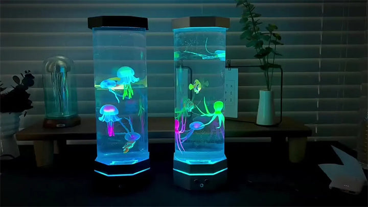 Jellyfish lamp glowing blue in bedroom