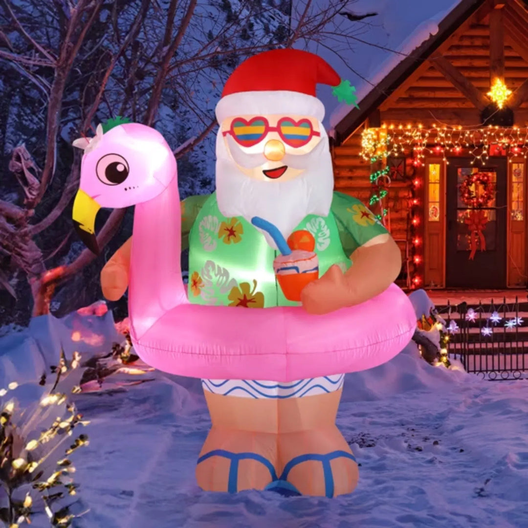 Inflatable Hawaiian Santa on flamingo float