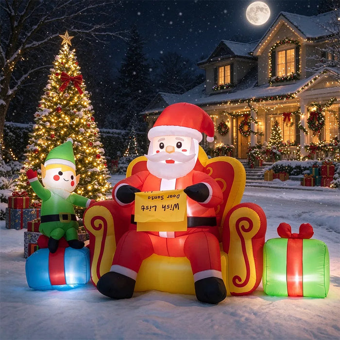 Harwelton Inflatable Santa on Sofa with Elf and Gifts, 220cm