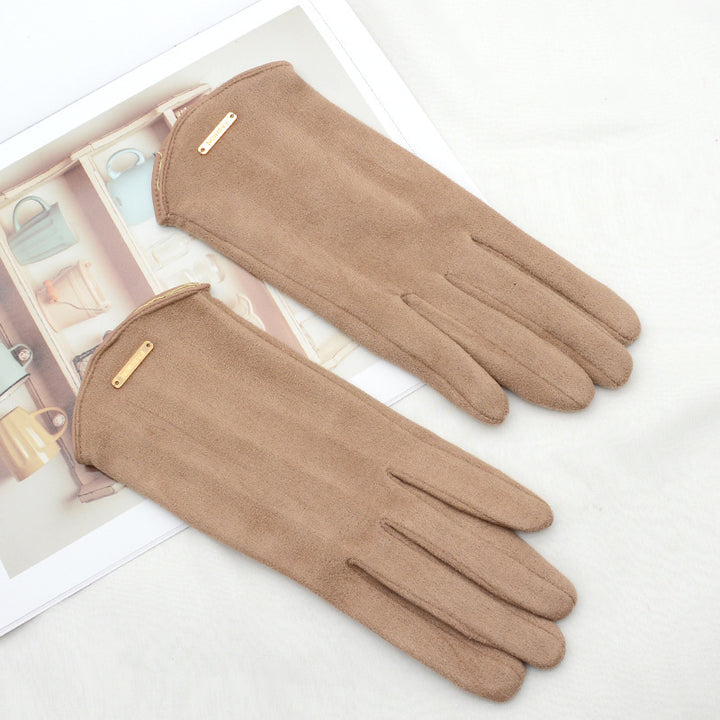 Camel faux suede gloves with gold bar detail