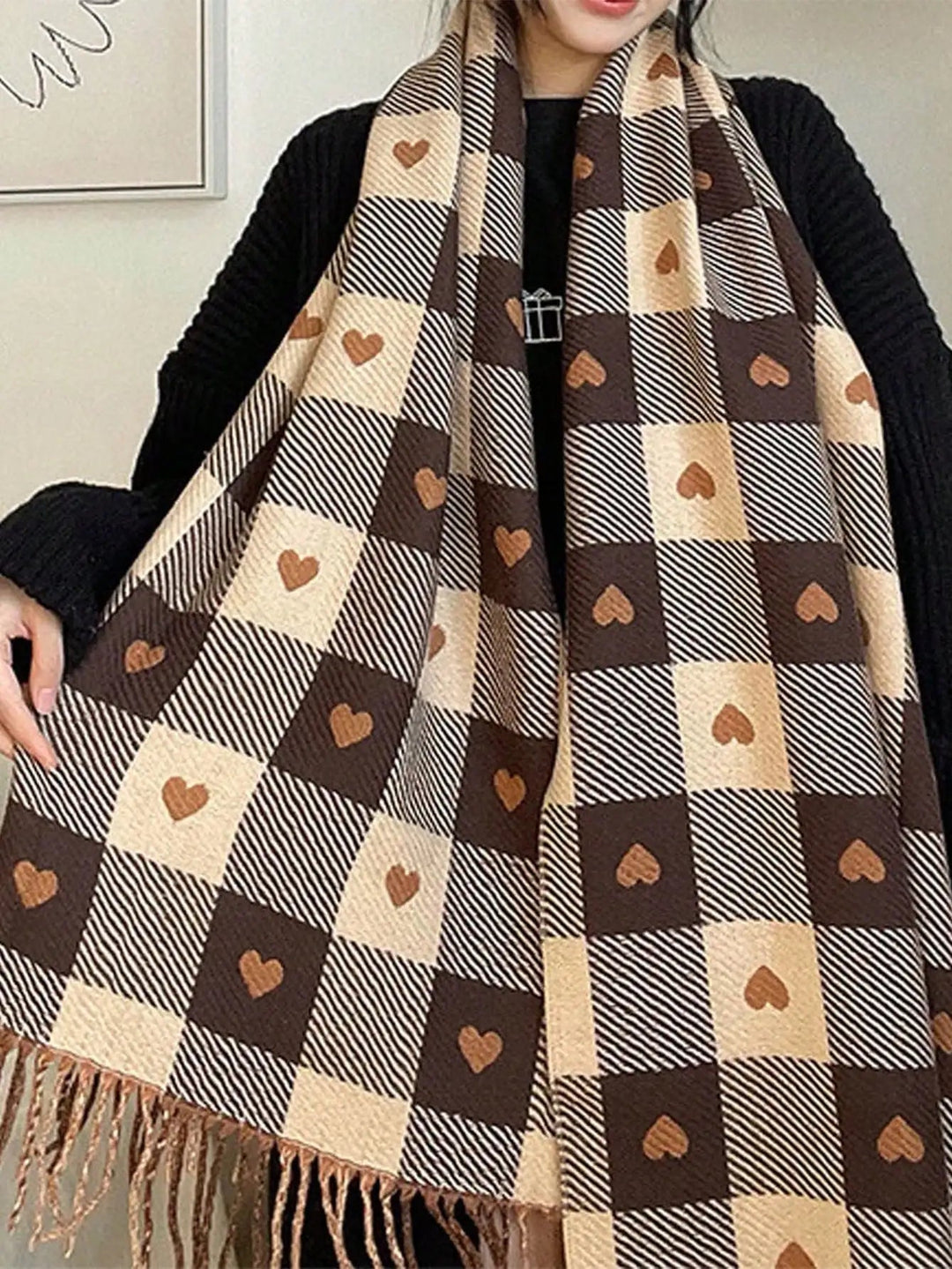 Checked Heart Pattern Winter Scarf – Soft Shawl Wrap