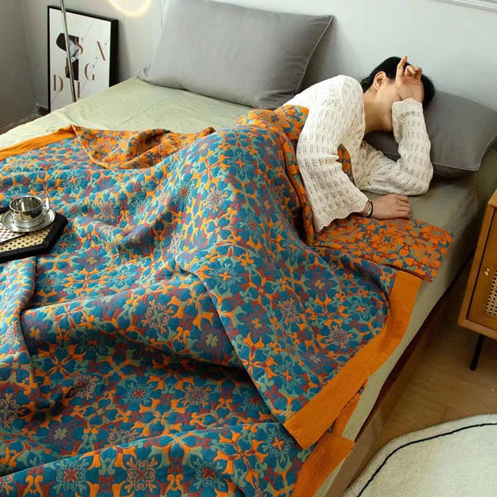 Six-Layer Cotton Blanket with Orange and Blue Pattern
