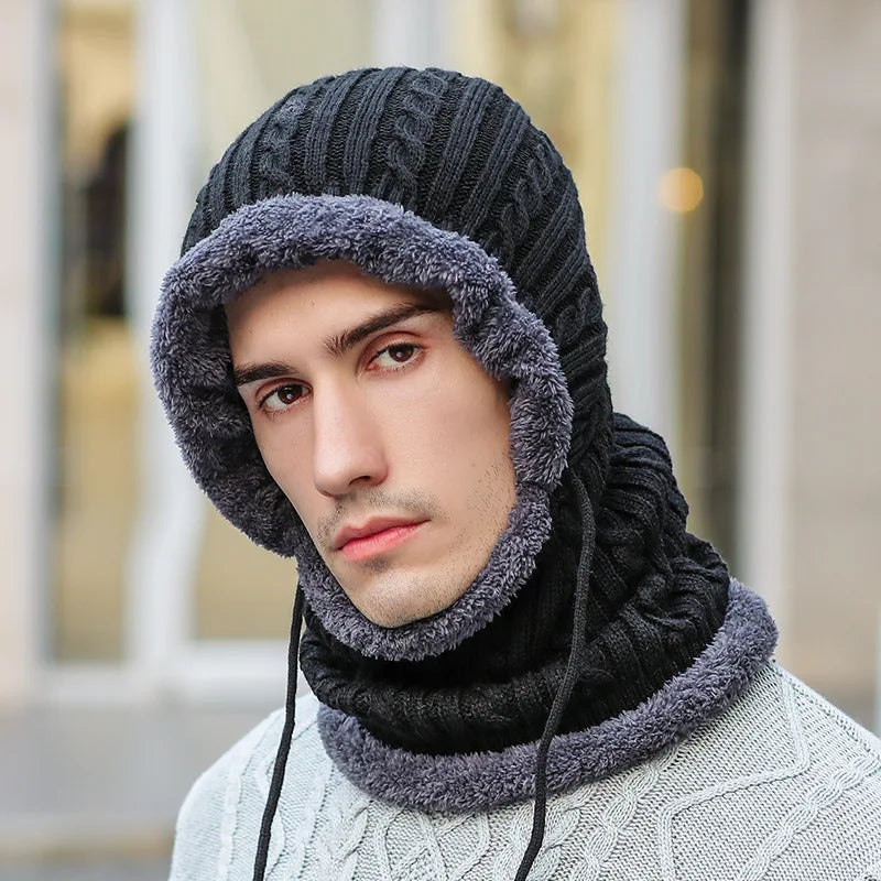 Knitted Balaclava Hat with Built-In Scarf and Fleece Lining